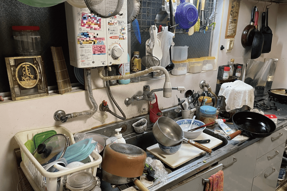 キッチンにごみが散乱した部屋